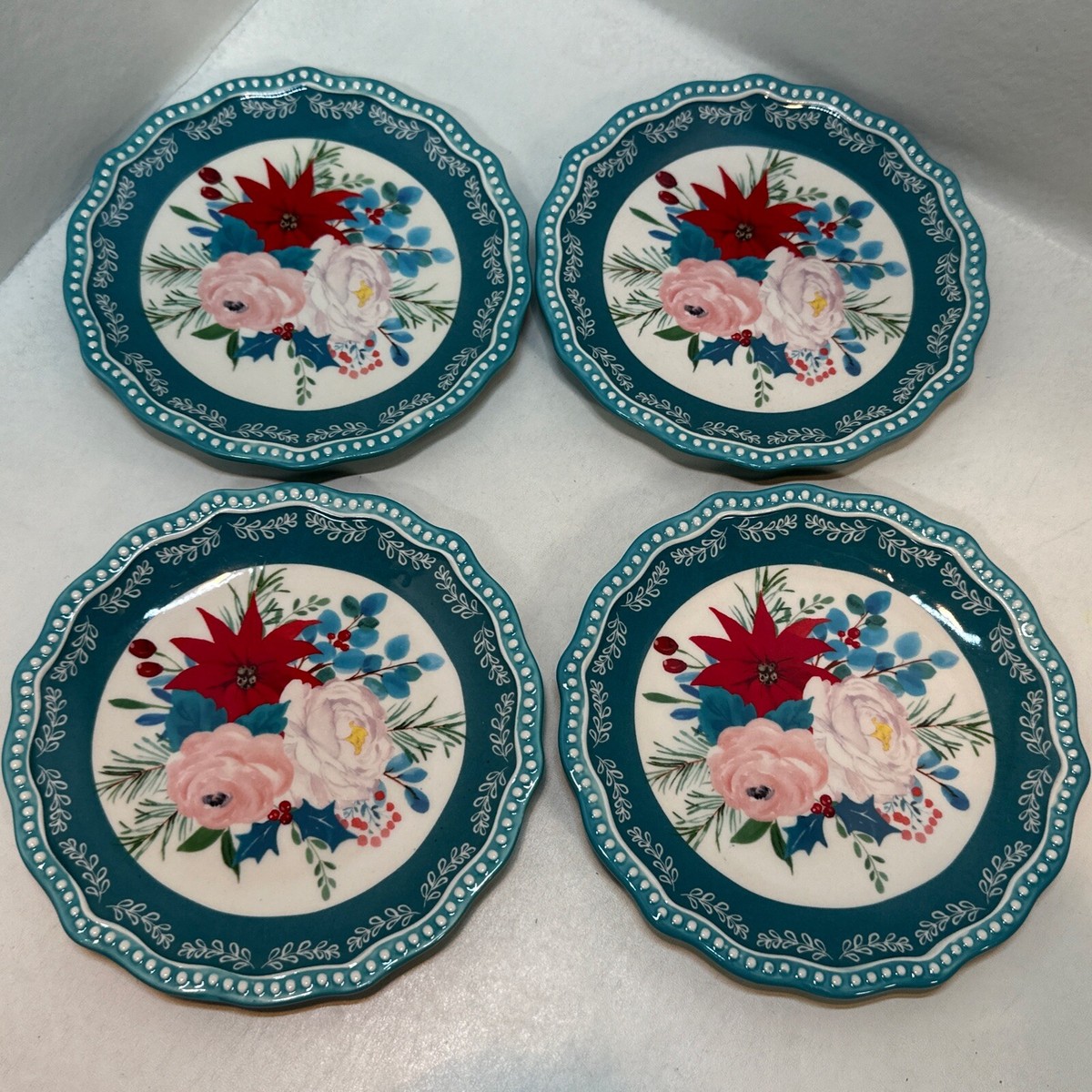 Lot Of Pioneer Woman Floral Wishful Winter Rose Appetizer Plate Teal Xmas