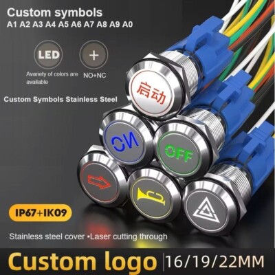 Custom Symbol 19mm SPDT 3-24V Momentary Stainless Steel LED Symbol Button Switch