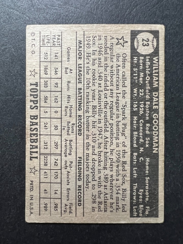 1952 Topps 23 Billy Goodman, creased, black back eBay