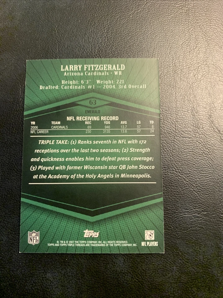 BFF 2007 Triple threads /199 Emerald #63 Larry Fitzgerald Arizona Cardinals - Image 3 of 3