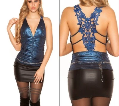 Sexy Miss Women's Evening Raff V Top Crochet Lace Back XS/S Blue Glamour Glitter - Image 1 of 4