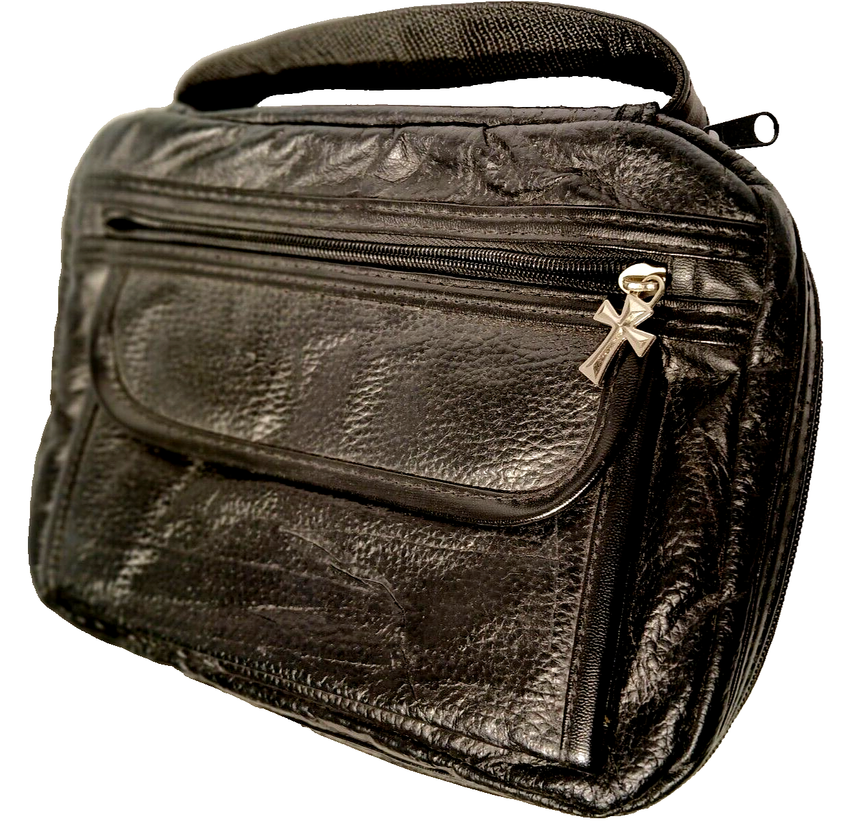 Vintage Black Leather Bible Cover Case with dangling Cross .   10