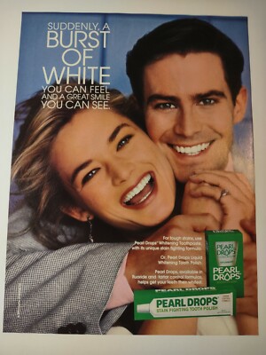 Vintage 1990s Print Ad Pearl Drops Stain Fighting Tooth Polish Burst of White