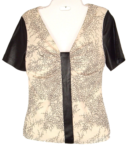 Vintage Vivienne Tam top Black Cream Colorblock Short Sleeve Blouse 2 ruched