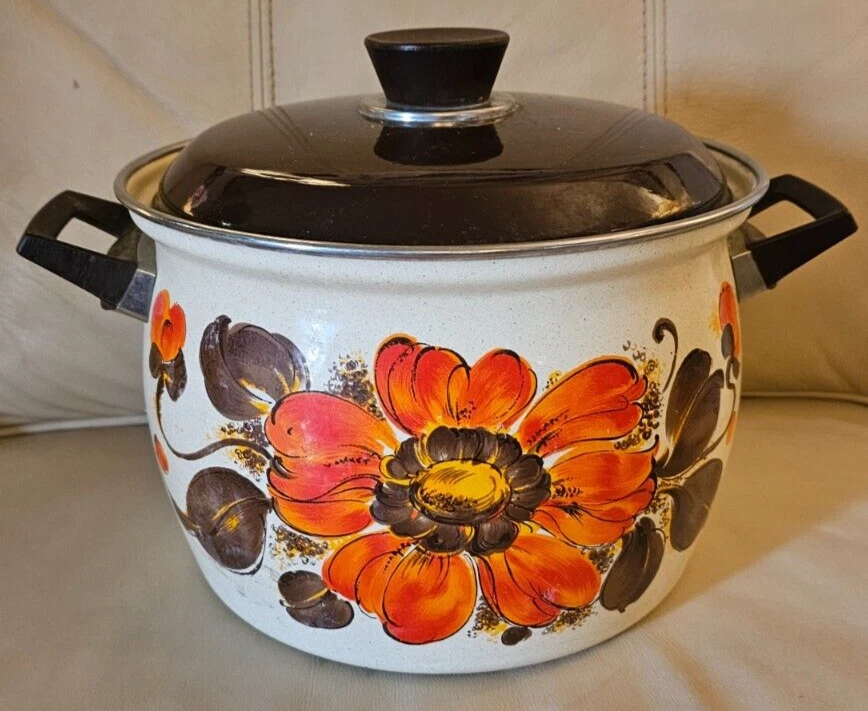 Vintage Mid Century Enamel Orange Brown Lidded Stockpot Moneta 22 Italy 9 Quart