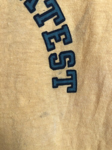 VTG 70s Champion Snoopy America’s Greatest Tennis Doubles Blue Bar Shirt Yellow - Picture 10 of 10