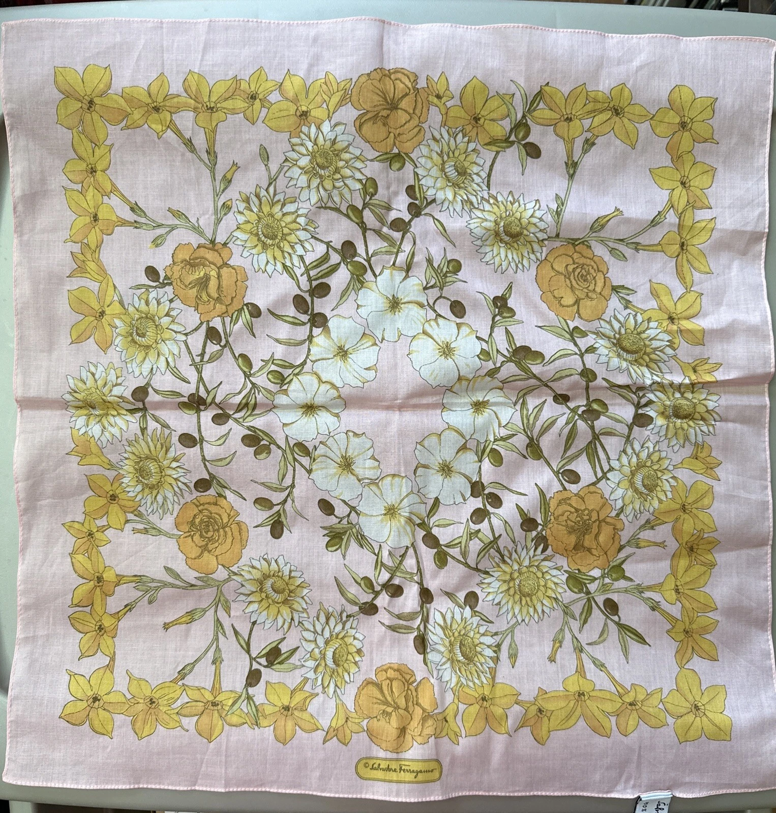 Salvatore Ferragamo Handkerchief Italian Cotton 16” Hanky Scarf FLOWERS NEW