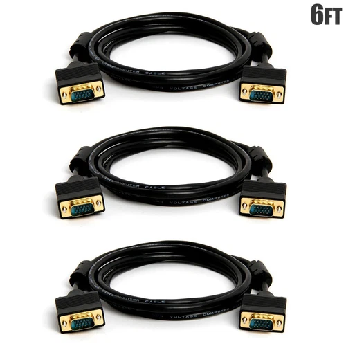 3 Pcs 6FT VGA SVGA HD15 Male to Male PC Monitor Video Cable Gold Plated Black