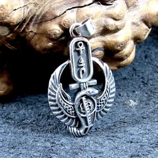 Solid 925 Sterling Silver Egyptian Cartouche Pendant - Cobra and Ankh Wadjet