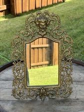 Vintage French Brass Small Beveled Glass Vanity Shaving Mirror with Bacchus Face