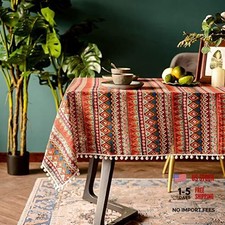 Boho Tablecloth Pompom Tassel Table Cloths 84" x 60" Rectangular Red