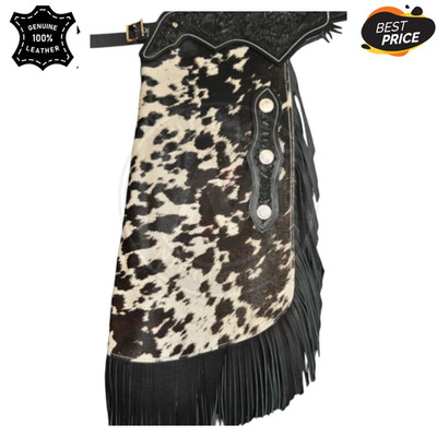 Genuine Cowhide Hair On Leather Chaps Western Cowboy Biker Riding Fringe