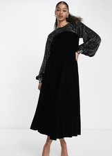 ASOS DESIGN Tall yoke embellished detail midi dress in black velvet, UK 10, US 6