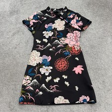 Zara Floral Cheongsam Qipao Mandarin Collar Satin Mini Dress Womens Small Black