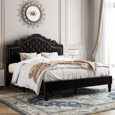 Elegant Black Queen Velvet Bed Frame with Adjustable Headboard & Easy Assembly