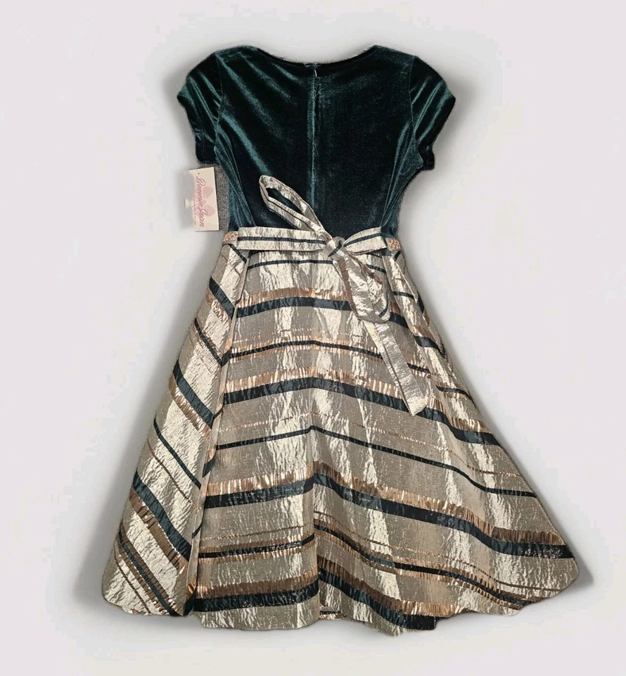 Bonnie Jean Girls Dress Size 16 Green Velvet And Gold Stripe Christmas Holiday  - Image 2 of 4