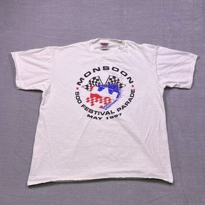 Oneita Mens White Monsoon Audio 500 Festival Parade 1997 Volunteer T-Shirt XL