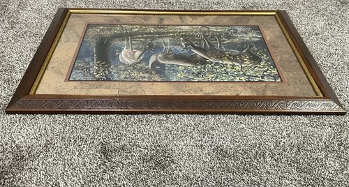 Vintage Framed Morning Chatter Three Deer Grazing Home Interiors Wall Art 19x20 - Picture 7 of 8