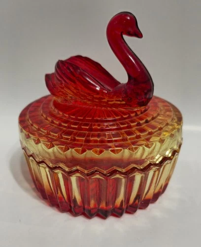 Vintage Jeanette Glass Amberina Glass Swan Candy Dish w/ Lid Ombre Red / Yellow