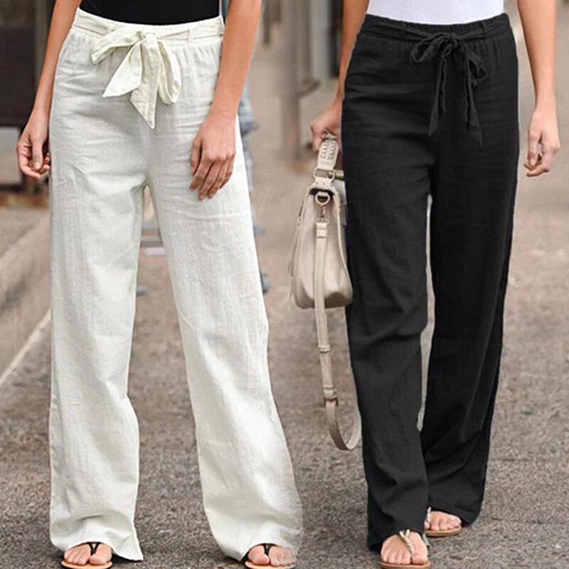 Women Summer Beach Cotton Linen Pant Straight Trousers Casual Long Wide Leg  Pant