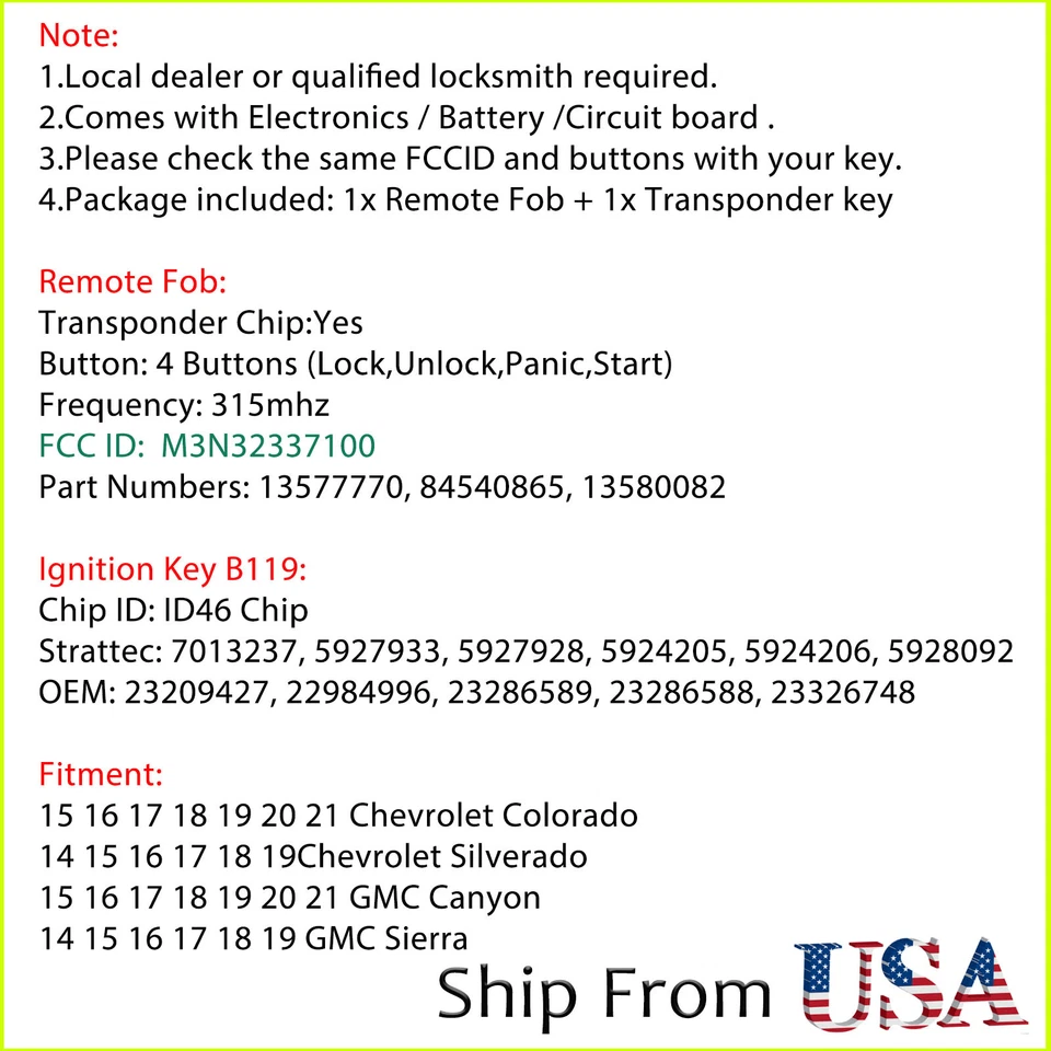 Para 2015 2016 2017 2018 2019 Chevrolet Silverado 1500 2500 HD controle remoto fob + chave - Imagem 2 de 4