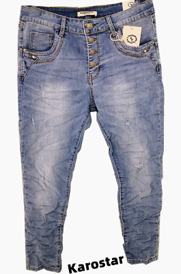 KAROSTAR Damen Jeans Baggy Denim Flicken Risse stretch hell Blau 36 38 40 42 44
