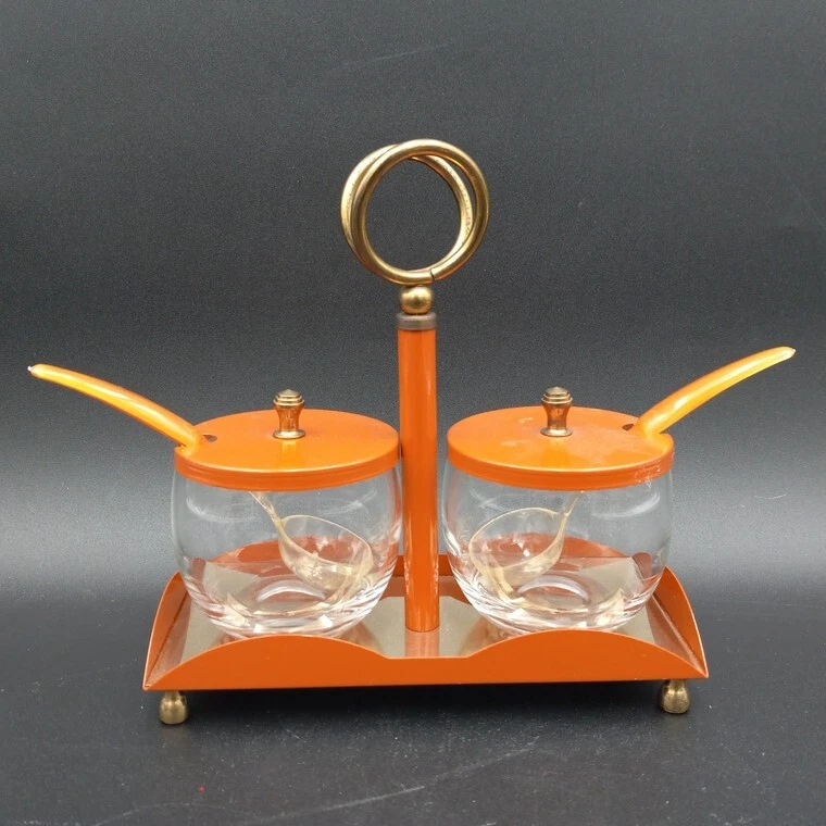 Vintage Metal Stainless Copper Finish and Glass Condiment Server Mini Ladles