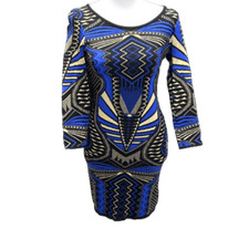 Cenit Knit Blue Metallic Gold Black Sweater Dress Bodycon Long Sleeve Size Small