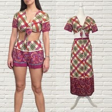 Vintage 70s 3 Piece Set Cotton Crop Top Hot Shorts  Maxi Skirt Paisley Print