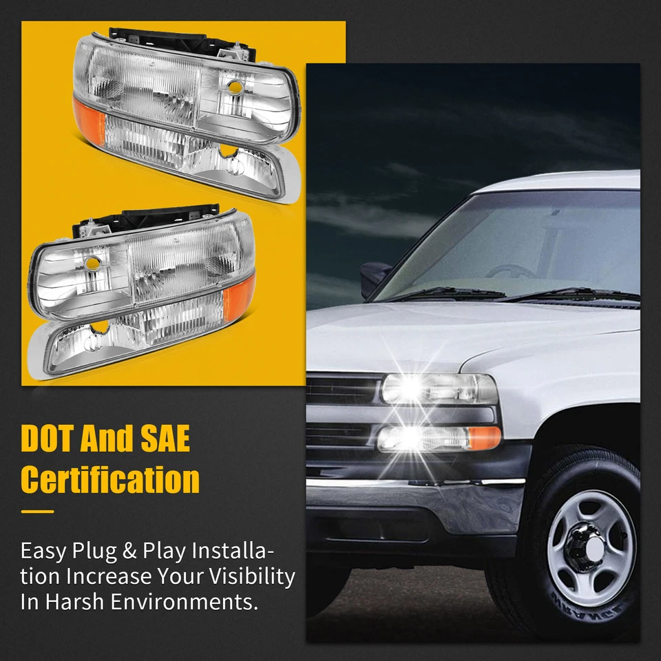 Headlights For 99-02 Chevy Silverado 00-06 Suburban Tahoe +Bumper Lamp Set - Image 4 of 4
