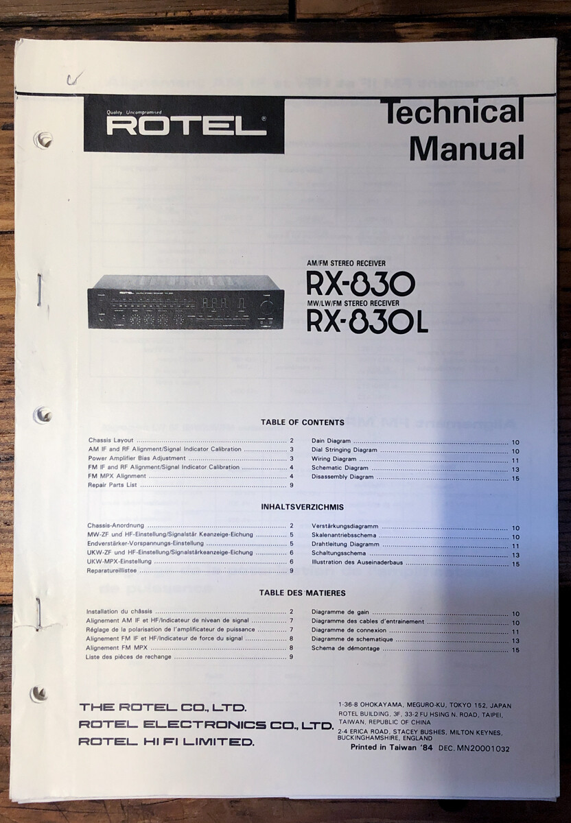 Rotel RX-830 RX-830L Receiver  Service Manual *Original*
