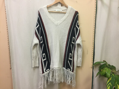 RD Style White Patterned Fringed Knit V Neck Oversize Sweater Size Small
