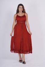 Women Elastic Waist Back Belt Spaghetti strap Embroidered Tea Length Dress Asstd