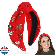 CIEHER Christmas Headbands Xmas Rhinestone Red Hairbands Wide Kno