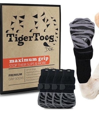 XS DOK Tiger Toes Premium Dog Socks Maximum Grip No-Slip Traction Anti-Skid Gray