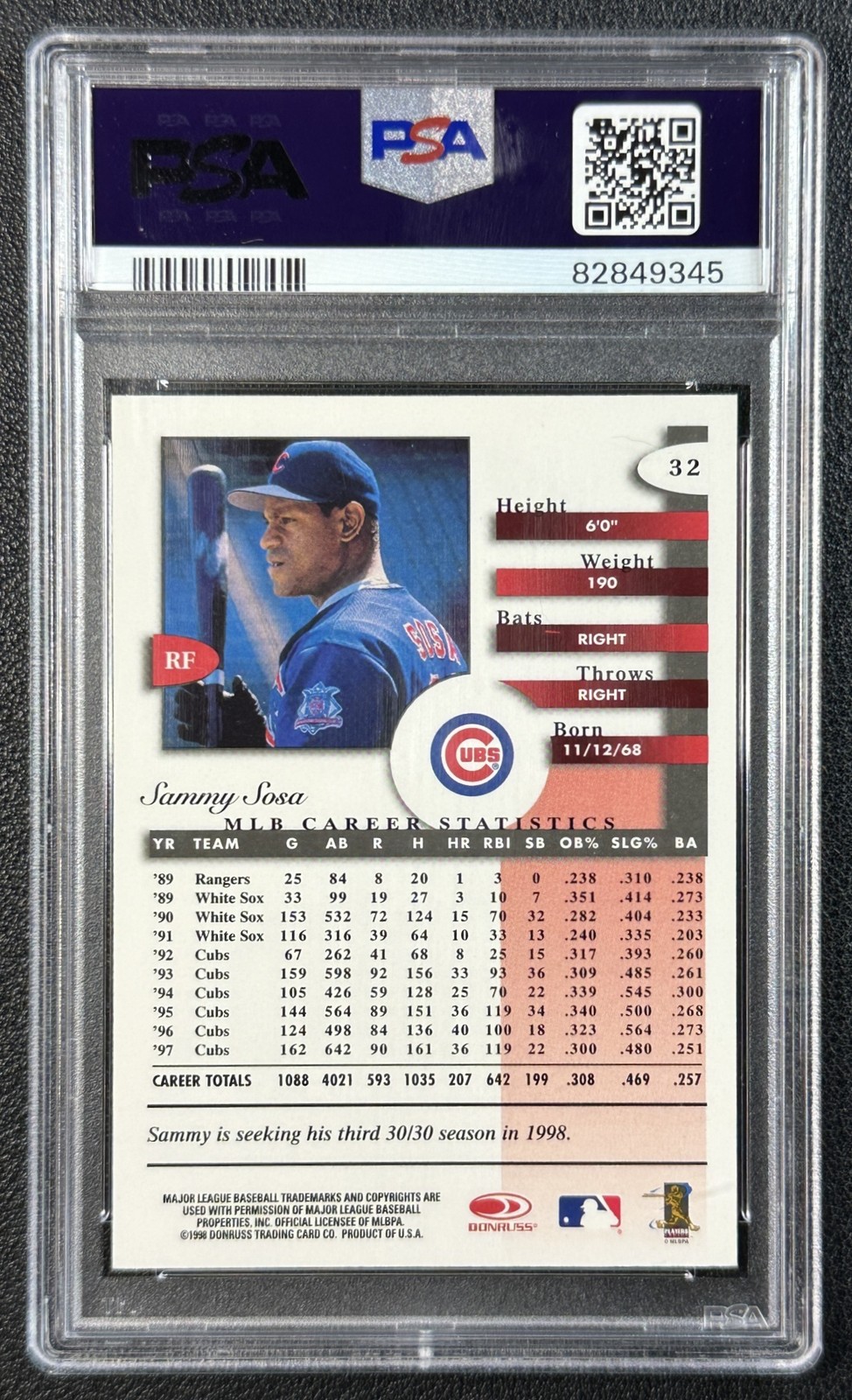 SAMMY SOSA PSA 9 1998 DONRUSS SIGNATURE SERIES #32 CUBS LOW POP 9345 view 2