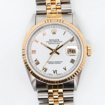 1990's Rolex 16233 36mm 18K Yellow Gold Steel White Roman Dial Watch