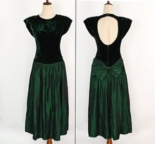 Vintage 80s Dark Green Velvet & Taffeta ANNIE QUINCE Backless Drop Waist Formal