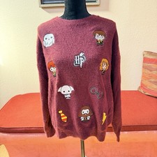 Harry Potter cosy burgundy knitted pullover embroidered characters Large Nice