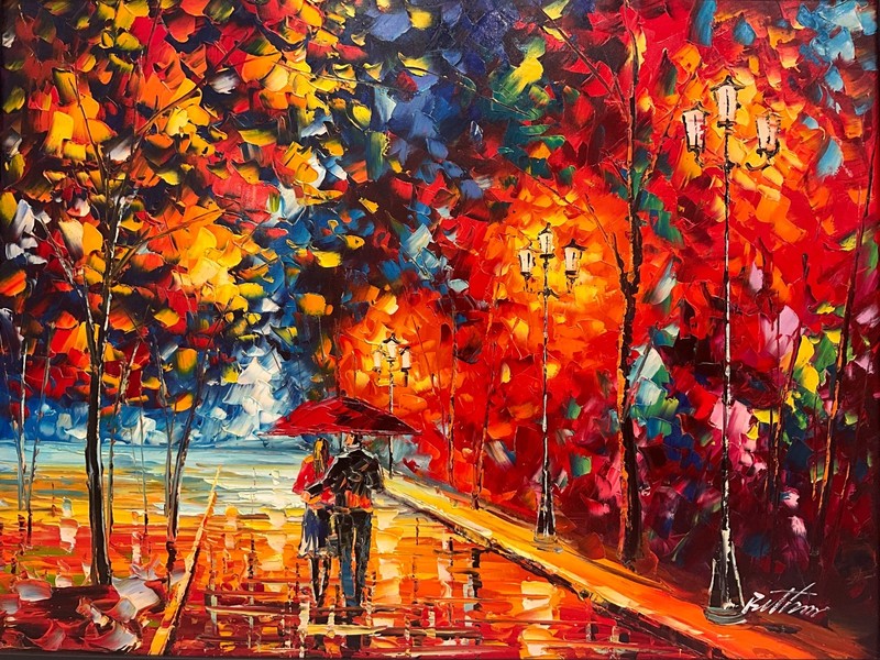 Oil Painting Couple walking under umbrella, red blue tones UNSTRETCHED 36x48”