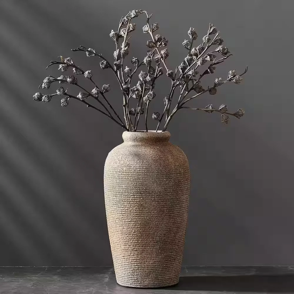 11 In. Brown round Ceramic Decorative Farmhouse Tall Vase for Home Decor, Living