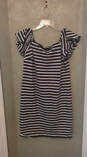 Lauren Ralph Lauren Blue White Striped Off Shoulder Cotton Knee Length Dress M