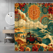 Boho Ocean Floral Shower Curtain with Waves, Flowers, and Beach Scene
