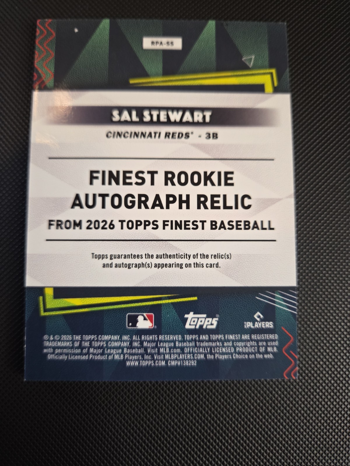 2026 Topps Finest Sal Stewart Rookie Patch Auto Serial Numbered 25/25 Bookend view 6