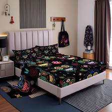Sugar Skull Fitted Set with 2 Pillowcase, Halloween Skull Colorful Mandala Fl...