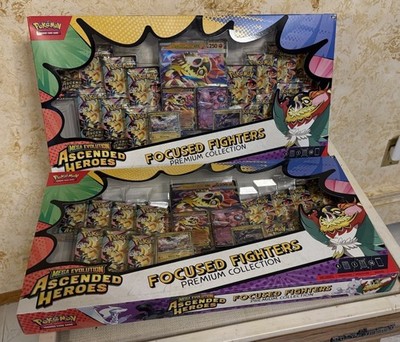 Lot of 2 Ascended Heroes Focused Fighters Premium, 2 Boxes 28 Ascended Packs!