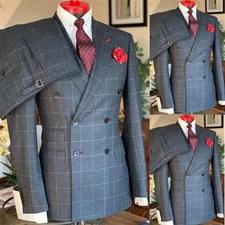 Gray Check Men's Suits Peak Lapel Double Breasted Formal Wedding Groom Tuxedos