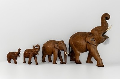 Vintage Hand Carved Wooden Elephant Family Set of 4 Asian Folk Art