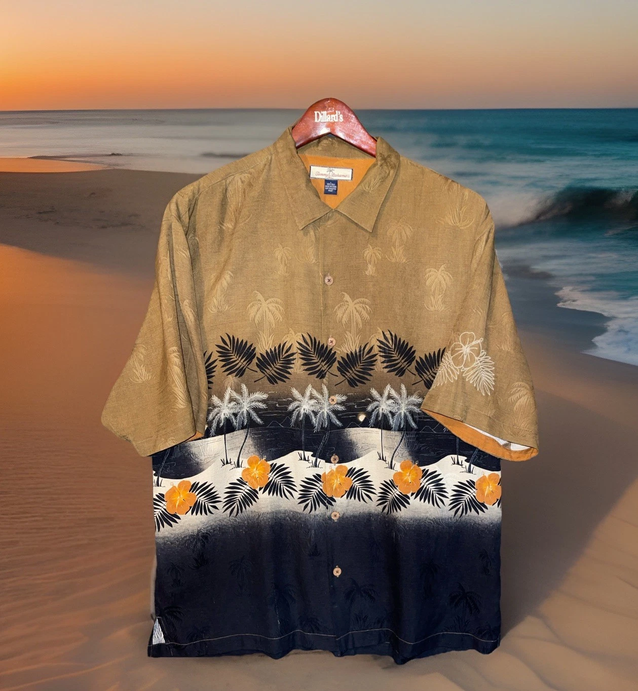 Tommy Bahama Shirt Men L Brown 100% Silk Short Sleeve Hawaiian Floral Vacation
