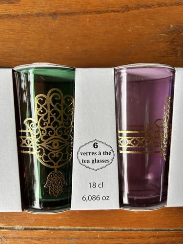 Tea Glasses Made in Morocco Set Of 6 Multicolored w/ Gold Trim New In Box 6 In - Picture 2 of 6